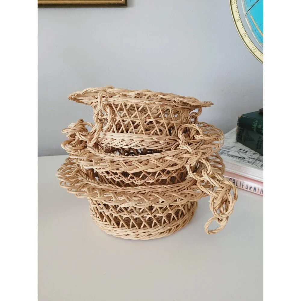 Vintage Handwoven Rattan Hanging Basket 3-Tier Organizer
